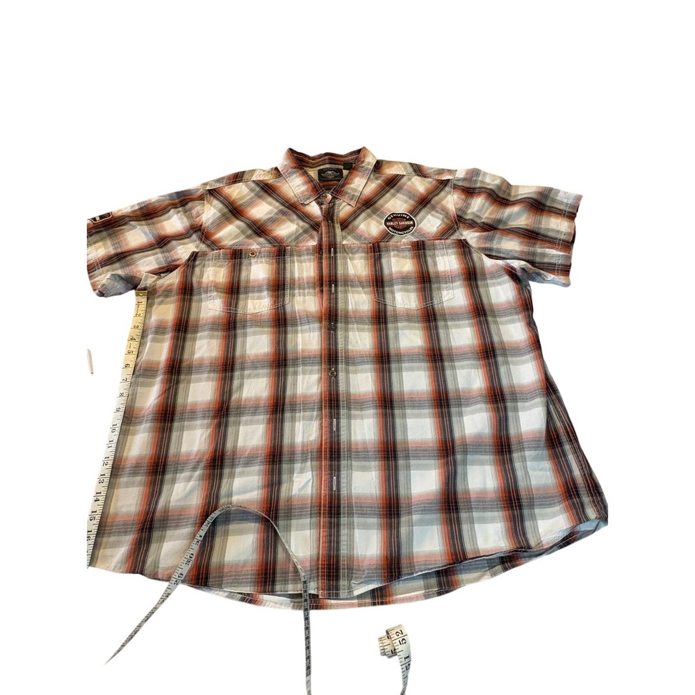 Harley-Davidson Mens 3XL Plaid Short Sleeve Button Up Shirt Orange Black Patches